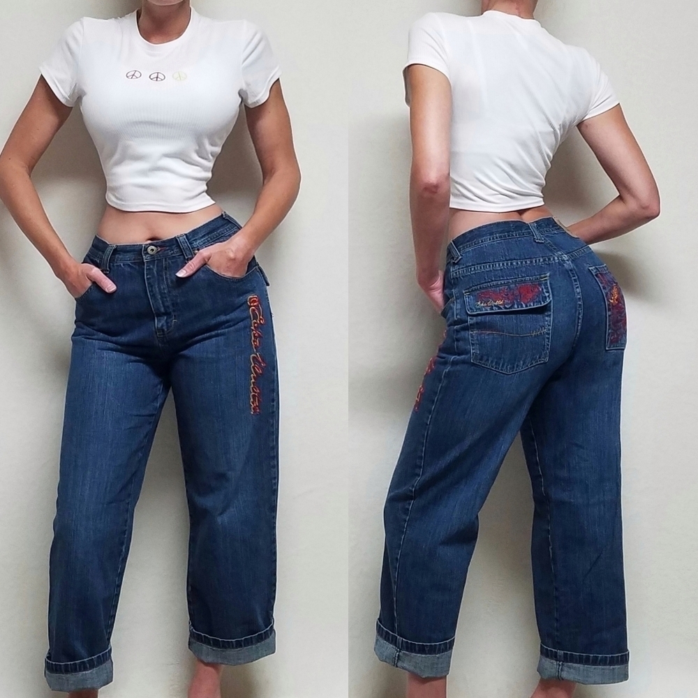 Vintage 90s Ecko Mid Wash Red Flame Embroidered High Rise Cropped Wide Leg Jeans